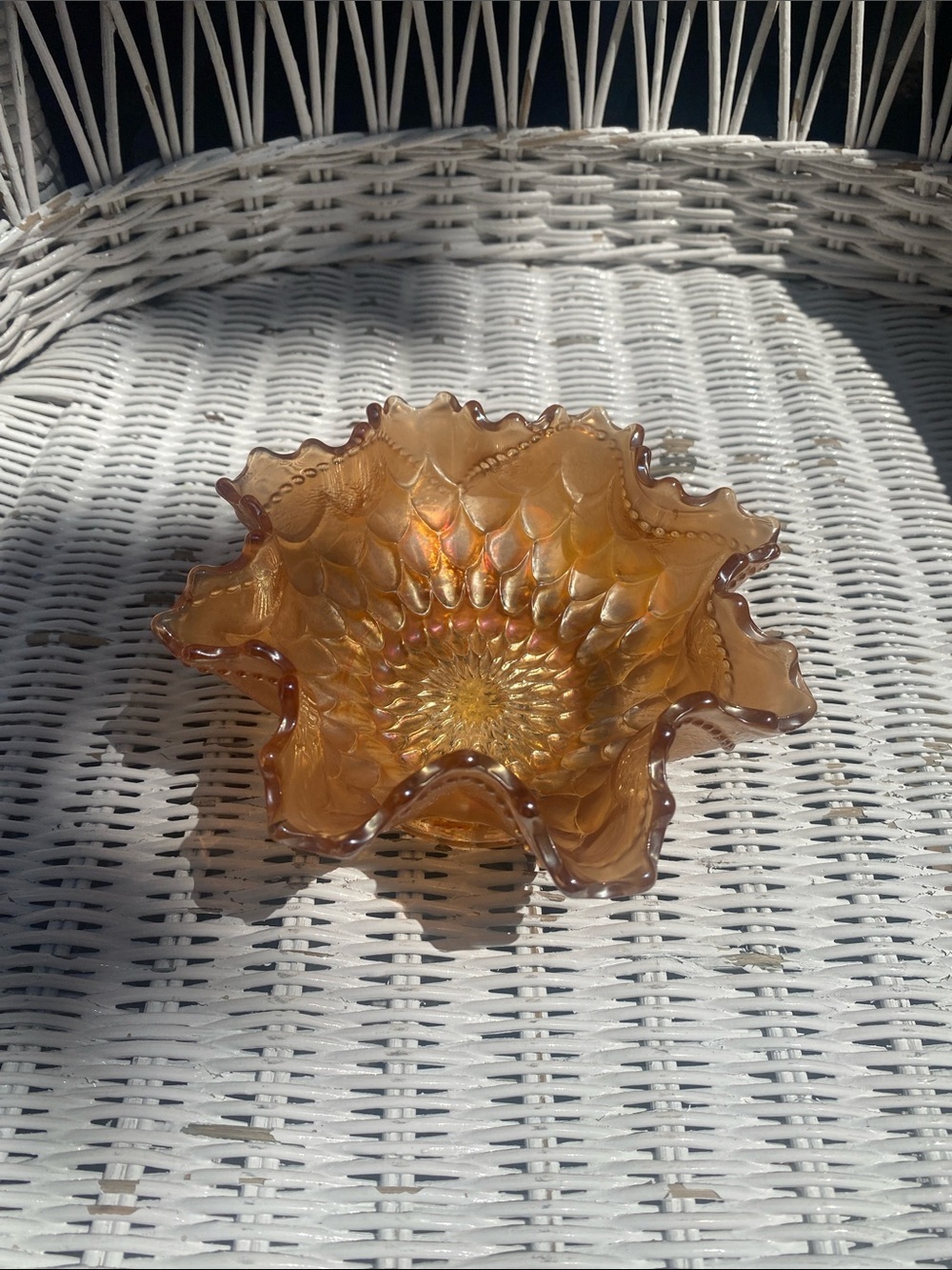 Vintage Amber/Marigold Ruffled Glass Decorative Bowl